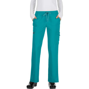 Teal pants with a drawstring waist and side pockets, featuring a logo on the fabric.