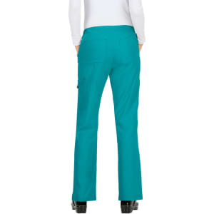 A pair of teal pants with a straight leg design, featuring pockets and a logo on the back.
