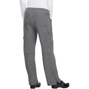 A pair of grey pants with cargo pockets and a straight leg design, featuring a logo on the back.