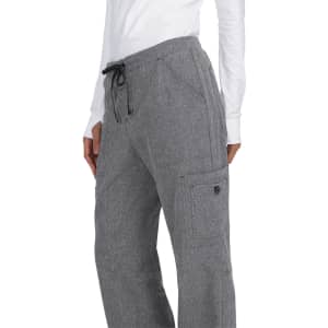 A pair of grey pants with a relaxed fit, featuring a drawstring waist and side pockets.