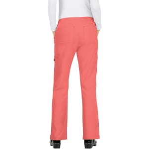 A pair of coral pants with a fitted style, featuring pockets and a waistband, viewed from the back.
