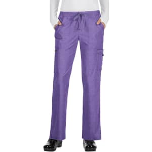 A pair of purple pants with pockets and a drawstring waistband, featuring a branding logo.