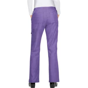 A pair of women's purple pants with a flared leg and back pockets, featuring a logo on the waistband.