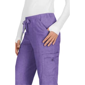 A pair of purple pants featuring a drawstring waist and side pockets, with a small pocket on the leg.