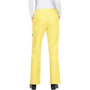 A pair of yellow pants with a fitted waist and flared legs, featuring back pockets and a logo.