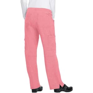 A pair of pink cargo pants with a back view, featuring pockets and a relaxed fit.