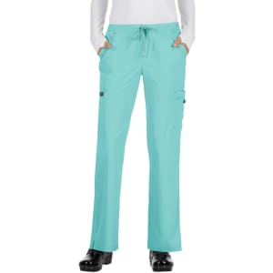 A pair of turquoise pants featuring a drawstring waist and side pockets, with a brand logo visible.