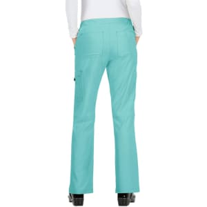A pair of aqua-coloured pants with a flared design and multiple pockets, featuring a waistband at the back.