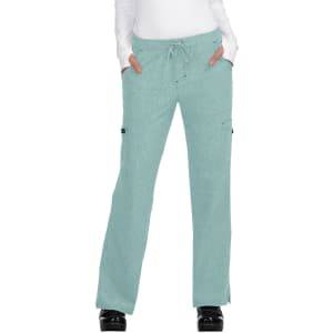 A pair of light blue cargo pants with a drawstring waist and side pockets, featuring a logo.