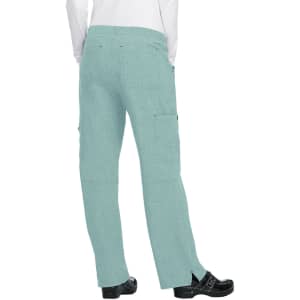 A pair of aqua green cargo pants with pockets and a relaxed fit, viewed from the back.