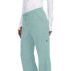 A pair of teal pants featuring a drawstring waist and side pockets, displayed on a model.