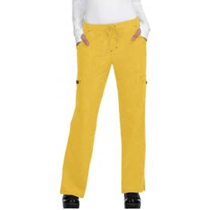 Bright yellow pants with a relaxed fit, featuring side pockets and a drawstring waistband.