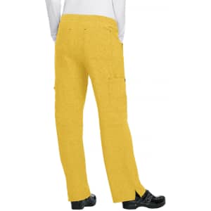 A pair of yellow pants with cargo pockets, featuring a logo on the back.