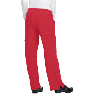 Red pants with a straight leg design, featuring pockets and a rear view showcasing a simple style.