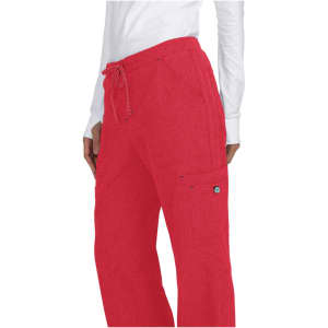 Red casual pants featuring a drawstring waist and a side pocket, modelled by a person wearing a white top.