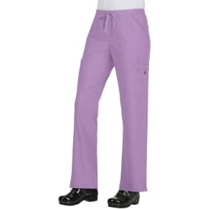 A pair of lilac pants with a drawstring waistband and side pockets, worn with black shoes. The product features a logo.
