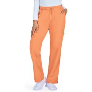 An orange pair of pants with a drawstring waist and side pockets, modelled by a person wearing a light top and shoes.