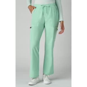 A pair of mint green pants with a relaxed fit and side pockets, featuring a small logo.