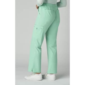A pair of mint green pants with a relaxed fit and pockets, worn with white shoes. The back view is shown.