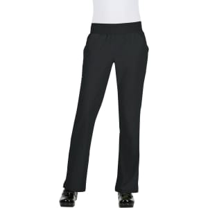 A pair of black pants with a stretchy waistband and two side pockets. The pants have a smooth finish.