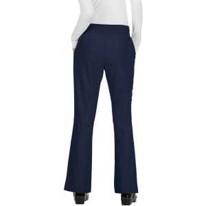 Navy blue flared pants with a high waistband, featuring two back pockets and a simple design.