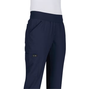 Navy blue pants with a comfortable waistband, featuring side pockets and a branding logo.