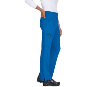A pair of blue pants with pockets displayed on a model, featuring a comfortable waistband and a logo.