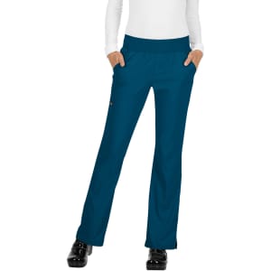 Teal pants with a comfortable waistband and side pockets, featuring a logo. Suitable for casual or active wear.