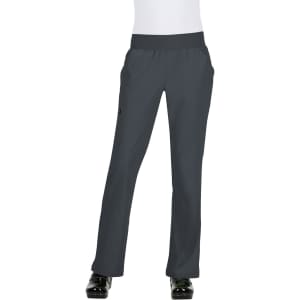 A pair of grey pants with a relaxed fit and elastic waistband, featuring pockets and a logo.