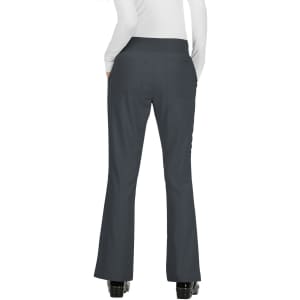 A pair of dark grey pants with a flared leg design, viewed from the back. The image features a person wearing the pants.