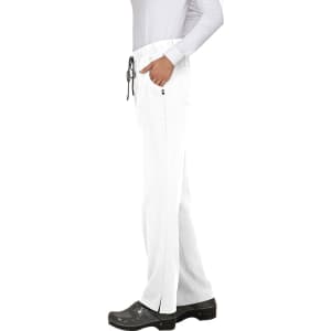 White pants with a drawstring waist, side pockets, and a subtle logo, worn with dark footwear.