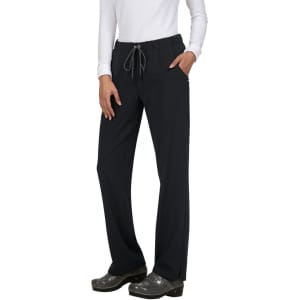 A pair of black pants with a drawstring waist, featuring side pockets, worn by a model.