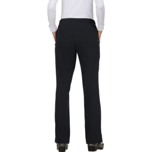 A pair of black pants with a fitted waistband and multiple pockets, viewed from the back.