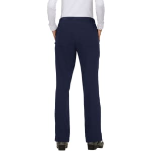 A pair of navy pants viewed from the back, featuring pockets and a comfortable waistband.