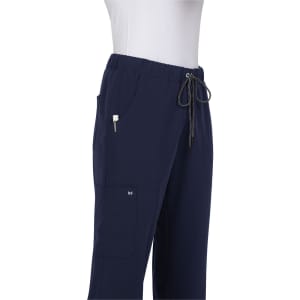 Navy blue pants with a drawstring waist and side pockets, featuring a logo on the side.