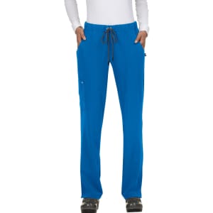 A pair of blue pants with a drawstring waist and pockets, featuring a logo on the side.
