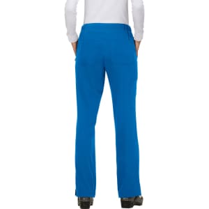 A pair of blue pants viewed from the back, featuring pockets and a fitted waistband.