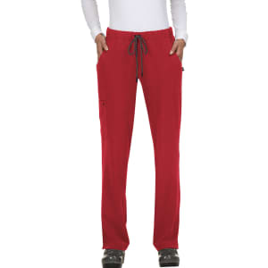 Red pants with a drawstring waistband and pockets, featuring a logo on the side. Ideal for casual wear.
