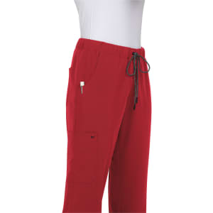 Red pants with an elastic waistband, drawstring, and side pockets, featuring a logo on the side.