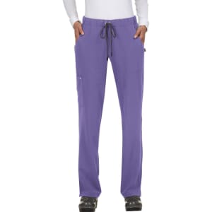 Purple pants with a drawstring waist and pockets, featuring a logo on the side.