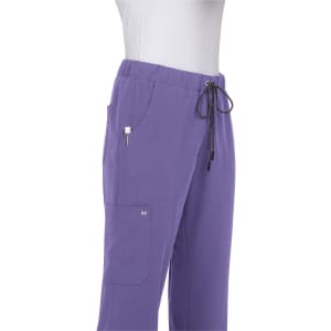 A pair of purple pants with an elastic waistband, drawstring, and side pockets, featuring a small logo.