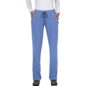 Light blue pants with a drawstring waist and pockets, featuring a logo on the side.