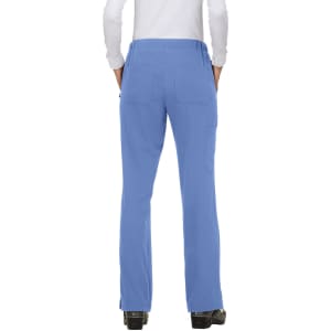 A pair of blue trousers with pockets, featuring a smooth waistband and a slight flare at the bottom, viewed from the back.