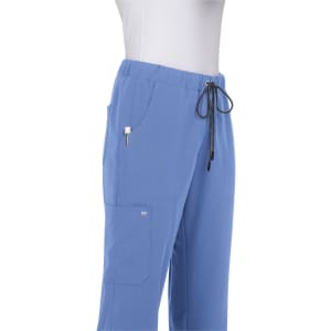 A pair of blue pants with a drawstring waist and side pockets, displayed on a mannequin.