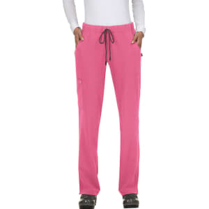Pink pants featuring pockets and an adjustable drawstring waistband, shown on a model standing upright.