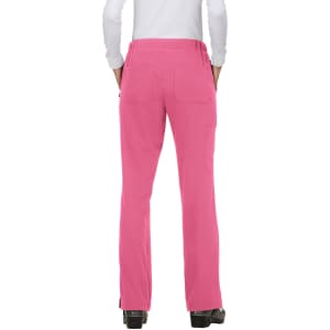 Pink pants with multiple pockets, viewed from the back, featuring a white long-sleeve top and a branding logo.