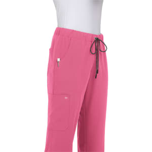 A pair of pink pants with pockets and a drawstring waist, featuring a logo on the side.