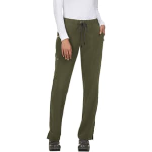 Olive green pants with a drawstring waist, featuring pockets and a logo. Suitable for casual wear.