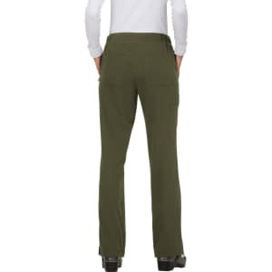 A pair of olive green pants with pockets, viewed from the back, featuring a simple design and a waistline.