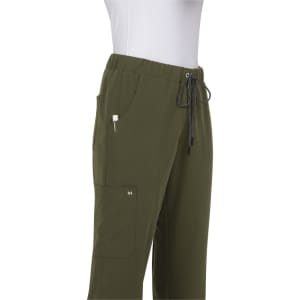 A pair of olive green pants with pockets and a drawstring waist, featuring a logo on the side.
